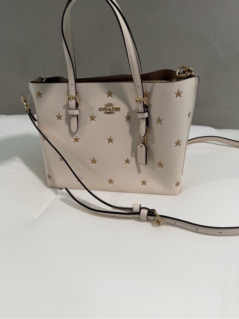 Coach ivory Pebbled Leather Star-Accent Shoulder Bag with Gold Hardware